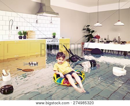 boy in the flooded room. Media elements mixed