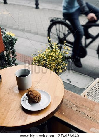 Fresh Filter Coffee With Cookie And Flowers Near The Street At Cafe Shop Bycle Background Concept. S