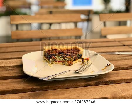 Turkish Food Quiche Tart Kis / Vegetable Pie Slice Served With Plate At Restaurant.