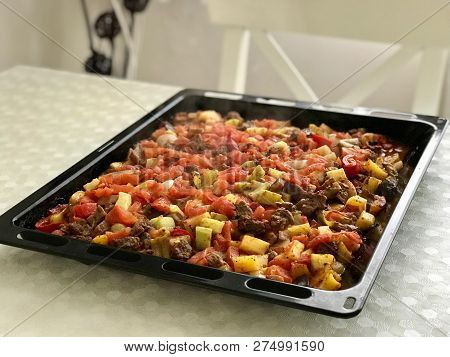 Freshly Baked Turkish Meat Food Turlu Mixed Vegetables With Cubed Meat On Tray