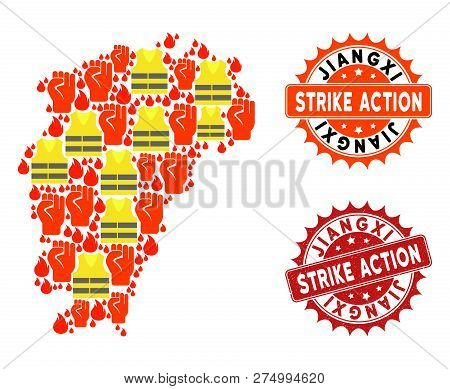 Strike Action Collage Of Revolting Map Of Jiangxi Province, Grunge And Clean Stamps. Map Of Jiangxi 