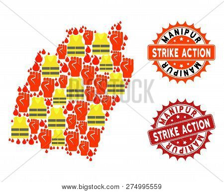 Strike Action Collage Of Revolting Map Of Manipur State, Grunge And Clean Stamps. Map Of Manipur Sta