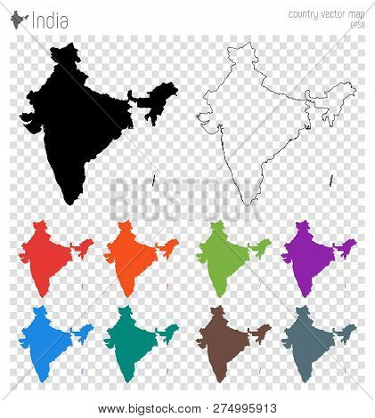 India High Detailed Map. Country Silhouette Icon. Isolated India Black Map Outline. Vector Illustrat