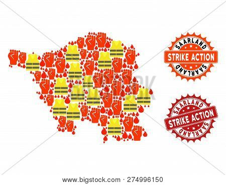 Strike Action Collage Of Revolting Map Of Saarland State, Grunge And Clean Seal Stamps. Map Of Saarl