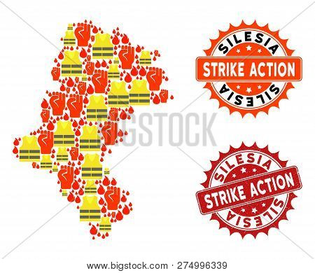 Strike Action Combination Of Revolting Map Of Silesia Voivodeship, Grunge And Clean Seal Stamps. Map