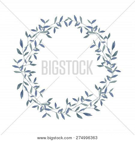 Watercolor Blue Leaves Wreath. Hand Drawn Illustration. Clip Art Branch For Celebration, Widding, In