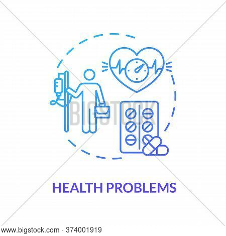 Health Problems Blue Concept Icon. Ill Patient. Prescripted Medication. Heart Problems. Stress From 