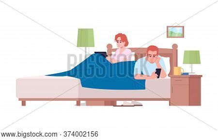 Married Couple In Bed Using Devices Semi Flat Rgb Color Vector Illustration. Gadgets Overuse, Addict