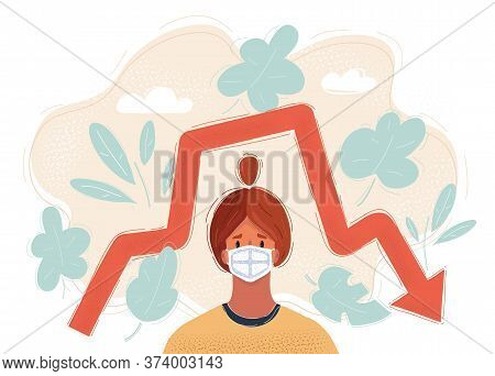 Vector Illustration Of Air Pollution In The City. Woman Wearing Face Mask For Protection