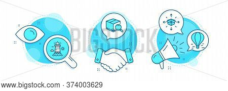 Parcel Delivery, Air Balloon And Lighthouse Line Icons Set. Handshake Deal, Research And Promotion C