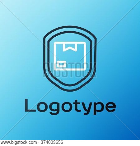 Line Delivery Pack Security With Shield Icon Isolated On Blue Background. Delivery Insurance. Insure