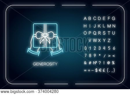 Generosity Neon Light Icon. Outer Glowing Effect. Sign With Alphabet, Numbers And Symbols. Birthday,