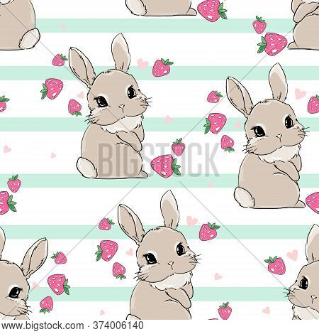 Seamless Pattern Cute Bunny With Strawberry Background. Berry Sweet. Print For Childrens Textiles, P