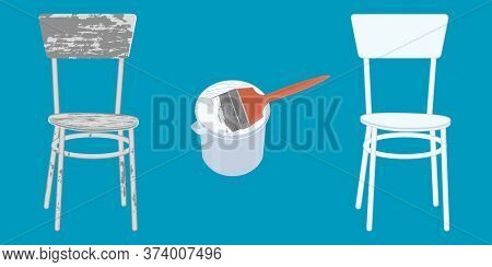 Old Shabby Chair, Paint Can, Brush, White New Chair - Vector. Banner. Diy Home Repair.