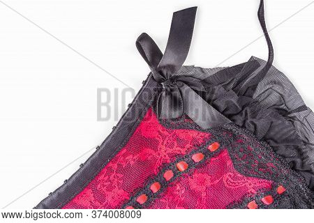 Pink Red Lace Erotic Lingerie With Garter Belt And Ribbons. Close-up, Copy Space For Text