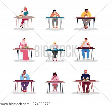 Food Culture Flat Vector Illustrations Set. Young People Enjoying National Cuisine, Traditional Dish