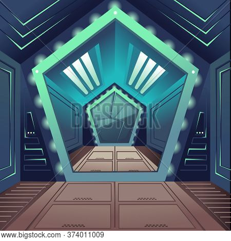 Cartoon Color Empty Hallway Door Futuristic Spaceship Interior Inside Concept Flat Design Style. Vec