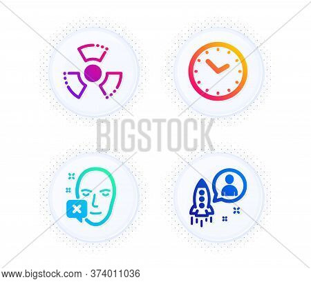 Face Declined, Time And Chemical Hazard Icons Simple Set. Button With Halftone Dots. Startup Sign. I