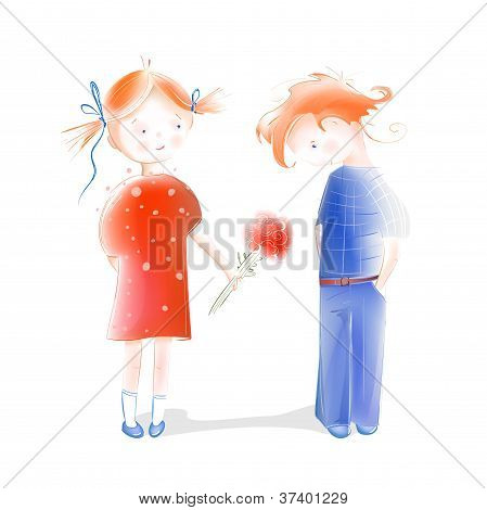 En liten flicka presentera blommor till en pojke