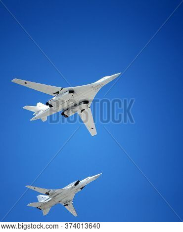 Moscow, Russia - June 24,2020: The Group Of Strategic Missile Carriers Tu-22M3 With Variable Wing Ge