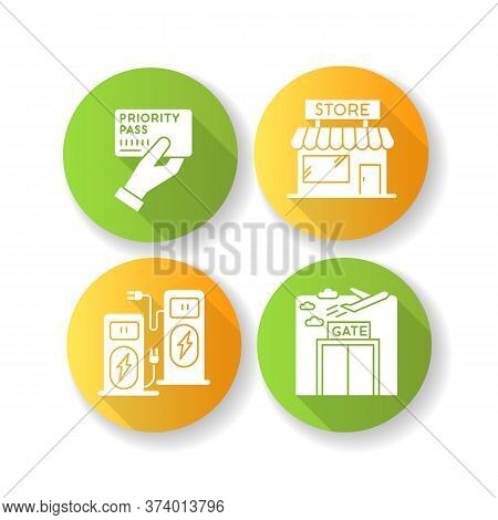 Airport Terminal Flat Design Long Shadow Glyph Icons Set. Duty Free Shop. Power Recharge Kiosk. Airc