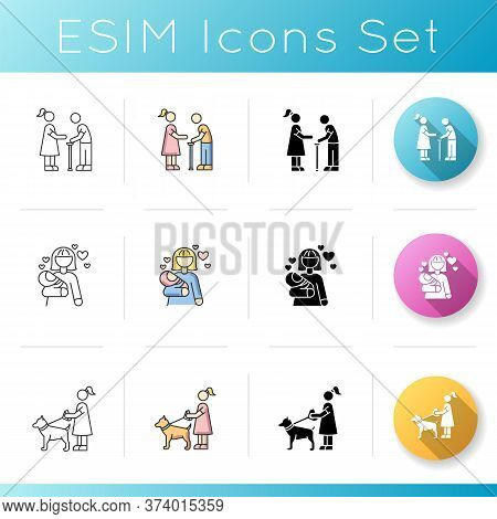 Babysitting Services Icons Set. Elder Person With Cane. Social Worker Help Old Man. Pet Sitting. Par