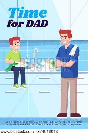 Time For Dad Poster Template. Commercial Flyer Design With Semi Flat Illustration. Vector Cartoon Pr