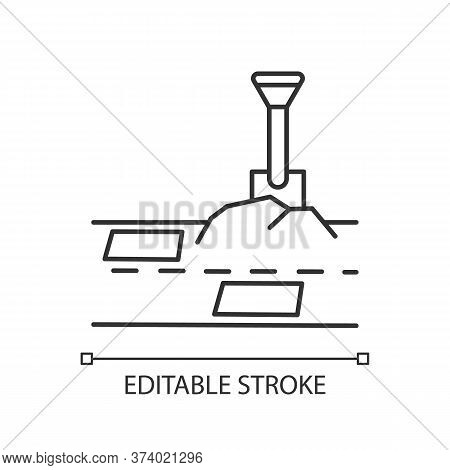 Patching Works Pixel Perfect Linear Icon. Roadworks Construction. Fill Ground Hole With Shovel. Thin