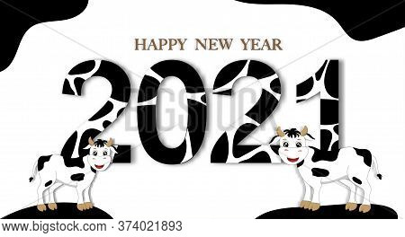 Happy New Year And 2021 Font With Cow Skin Pattern On White Background, Creative Cute Paper Cut Art 