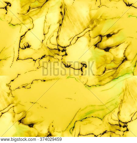 Seamless Acrylic Pattern. Alcohol Ink Art. Bright Yellow Wet Washed Print. Forest Colors Foil Marble