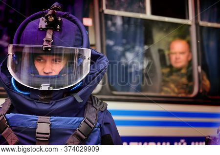 Barnaul, Russia-june 20, 2019. A Minesweeper In A Protective Suit Is Preparing To Clear A Mine Durin