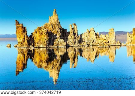 Picturesque Mono lake. California. Sunset. The columns - remains of 