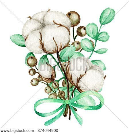 Watercolor Cotton Bouquet. Botanical Hand Drawn Eco Wedding Card Illustration. Cotton Flowers Buds B