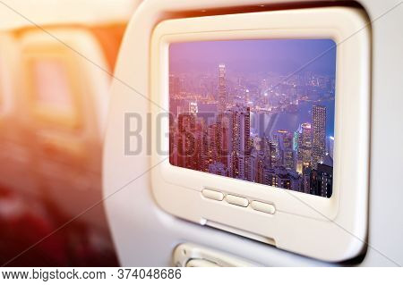 Aircraft Monitor In Front Of Passenger Seat Showing Image From Victoria Harbour,hongkong