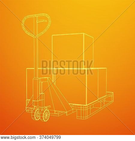 Hand Pallet Jack Lift With Pallet And Stacked Goods Cardboard Boxes. Manual Forklift. Logistics Ship