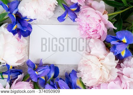 Fresh Peony And Iris Flowersframe, Copy Space On Blank Card