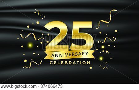 Happy Anniversary Celebration. Golden Number 25 With Streamer Ribbon And Confetti On Black Satin Tex