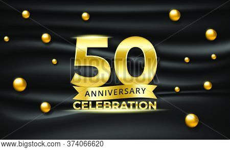 Happy Anniversary Celebration. Golden Number 50 With Gold Ball On Black Satin Texture. Elegant Premi