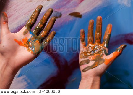 Close Up Of Artist Hands With Paint In Art Studio. Modern Artwork Paint On Canvas, Creative, Contemp