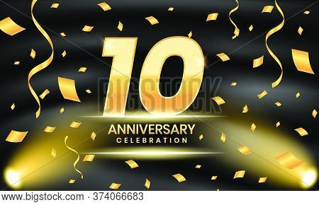 Happy Anniversary Celebration. Golden Number 10 With Confetti On Black Satin Texture. Elegant Premiu