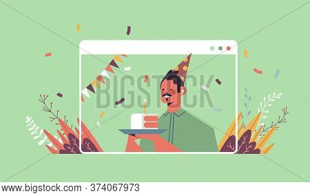 Man In Funny Festive Hat Celebrating Online Birthday Party Happy Guy In Computer Window Holding Cake