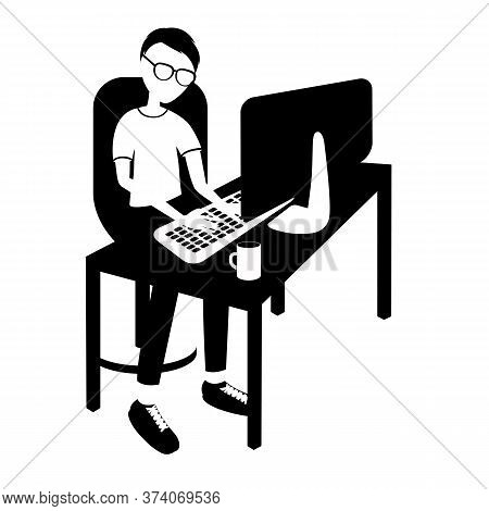 Programmer At The Table And Monoblock. Isolated Objects Without Stroke. Black And White. Vector