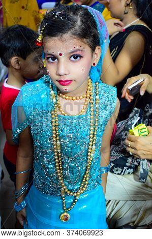 Delhi, India - September 9, 2019 : Cute Indian Kids Dressed Up As Little Lord Krishna Radha On The O