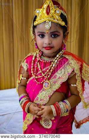 Delhi, India - September 9, 2019 : Cute Indian Kids Dressed Up As Little Lord Krishna Radha On The O