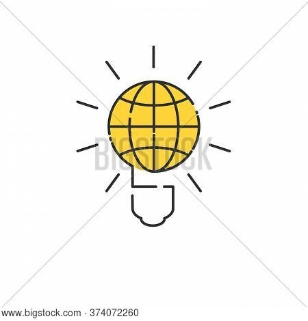 Illustration Of An Electric Light Bulb With A World Globe Linear Design. Conceptual Illustration. St