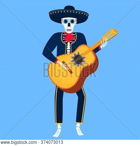 Mariachi. Funny Skeleton Plays Guitarron. Sugar Skull For The Day Of The Dead
