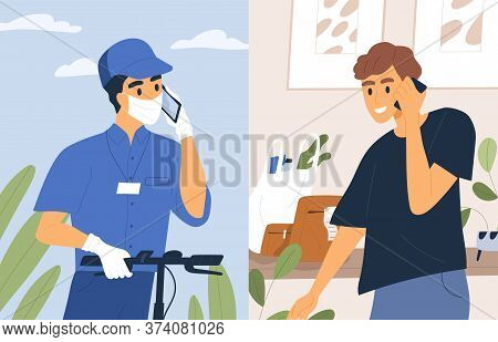 Contactless Shipment Service Vector Flat Illustration. Male Courier In Medical Mask And Gloves Talk 