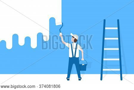 Worker Man Paints Wall Near Ladder. Flat Simple Modern Graphic Whitewash Art Design. Concept Of Male