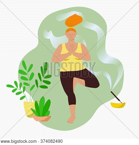 Overweight Girl Doing Yoga Asana At Home, In Quarantine Self Isolation. Body Positive Red Head Woman