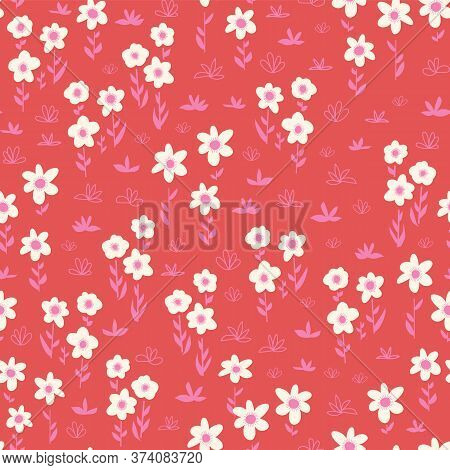 White Flowers Seamless Vector Pattern On A Red Background. Bold Florals Scandinavian Flat Style Repe
